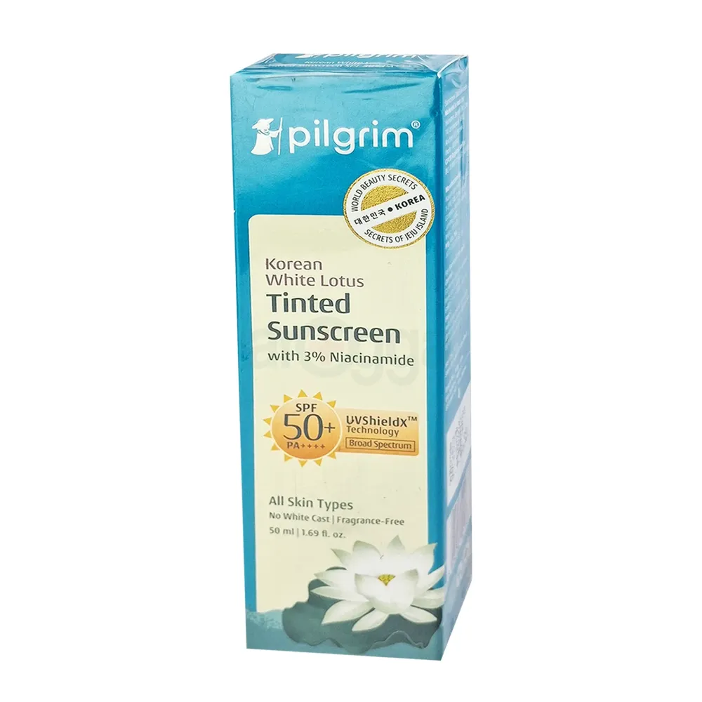 Pilgrim Korean White Lotus Tinted Sunscreen SPF 50+ PA++++ with 3% Niacinamide 50ml Brightening and Sun Protection
