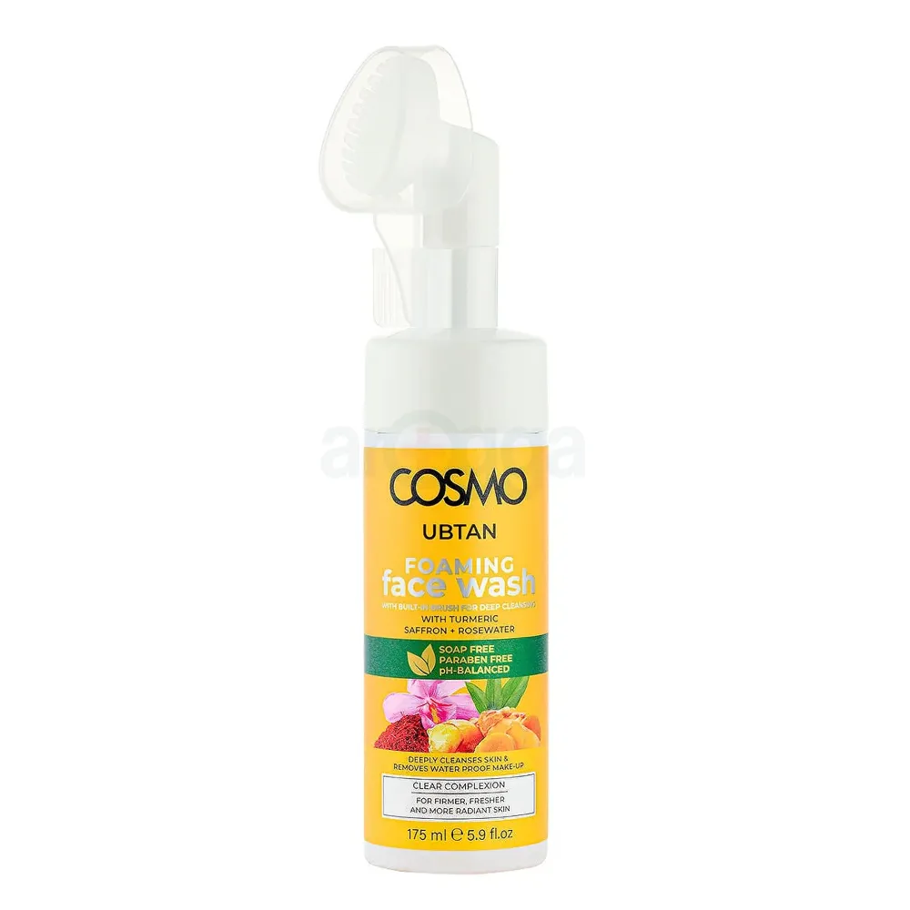 COSMO Ubtan Foaming Face Wash – Turmeric, Saffron & Rosewater with Built-In Brush for Deep Cleansing (175ml)