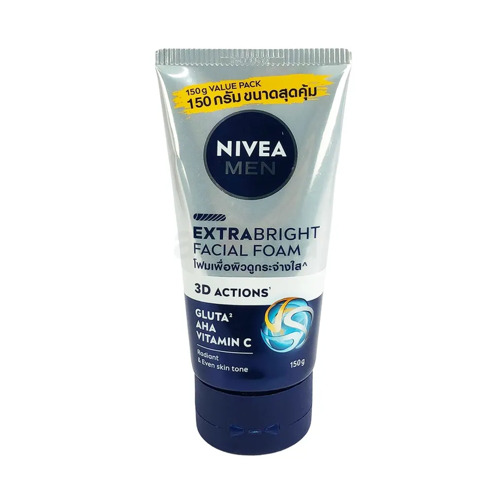 NIVEA Men Extra Bright 3D Action Gluta AHA Vitamin C Facial Foam 150g – Radiant & Even Skin Tone Face Wash