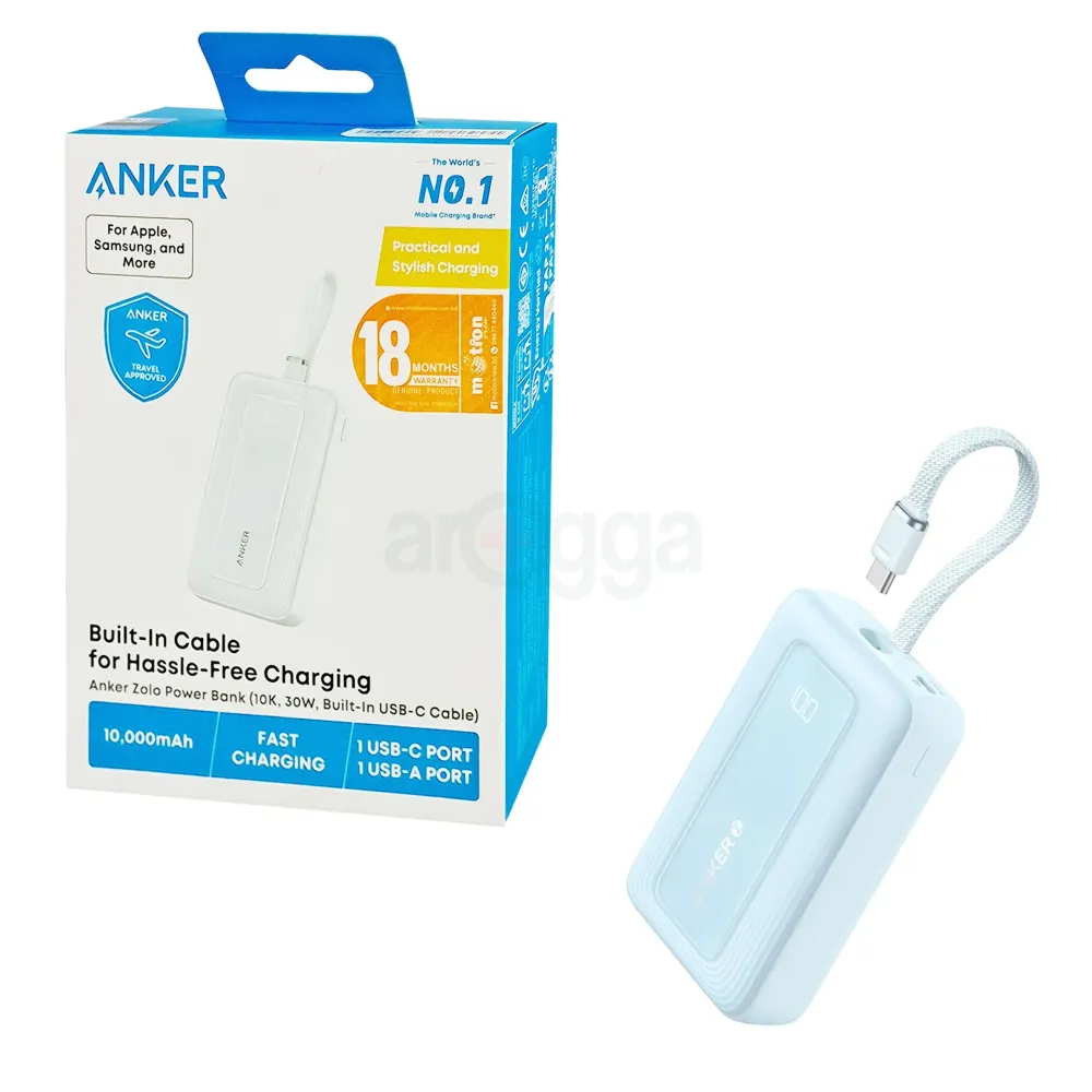 Anker Zolo Power Bank (10,000mAh, 30W, Built-In 5.4-inch USB-C Cable, Fast Charging, Travel Approved)