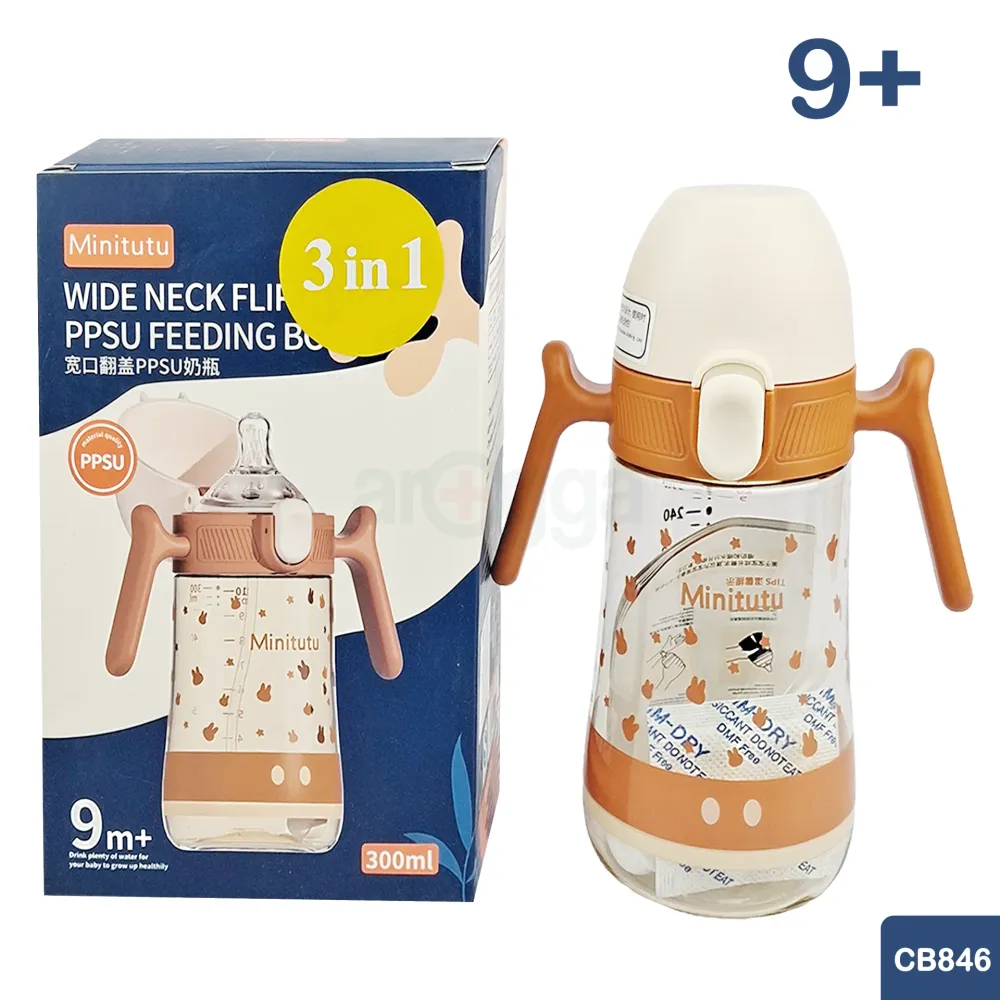 Minitutu Wide Neck Flip Top PPSU Baby Bottle 300mL-CB846 (3-in-1, 9+ Months) BPA-Free Feeding Bottle