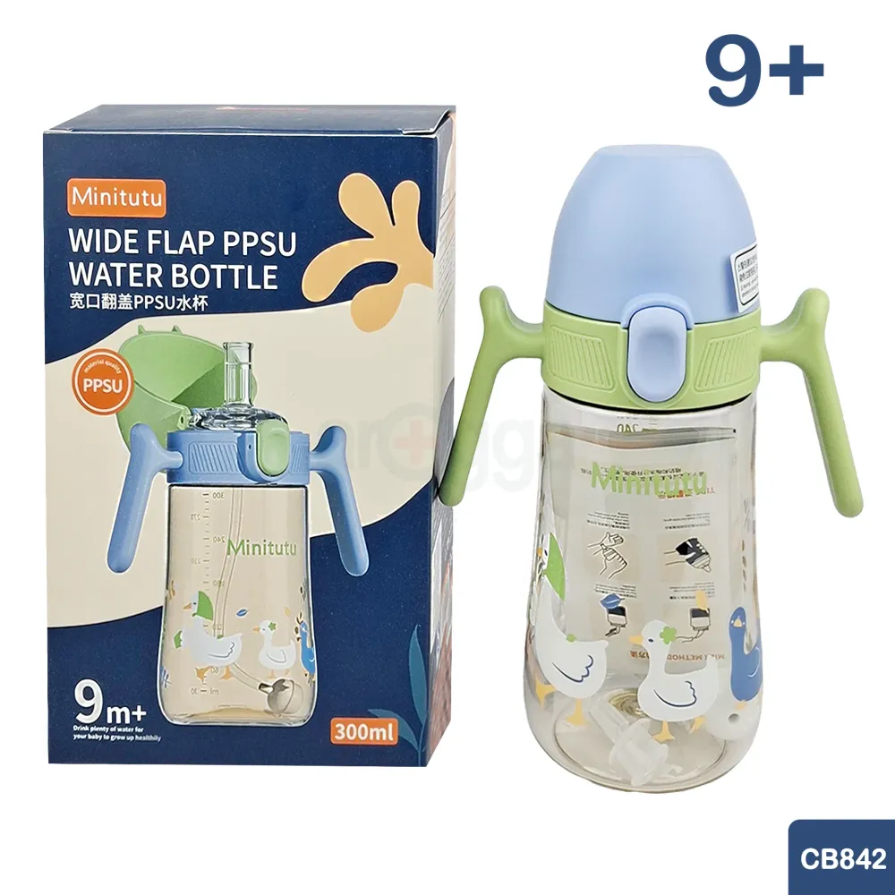 Minitutu Wide Neck Flip Cap PPSU Straw Water Bottle 300mL-CB842 (9+ Months) BPA-Free Straw Water Bottle