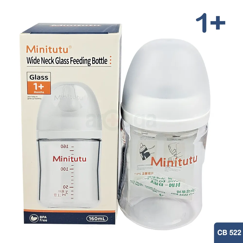 Minitutu Wide Neck Borosilicate Glass Feeding Bottle 160mL (1+ Months) BPA-Free Glass Baby Feeding Bottle