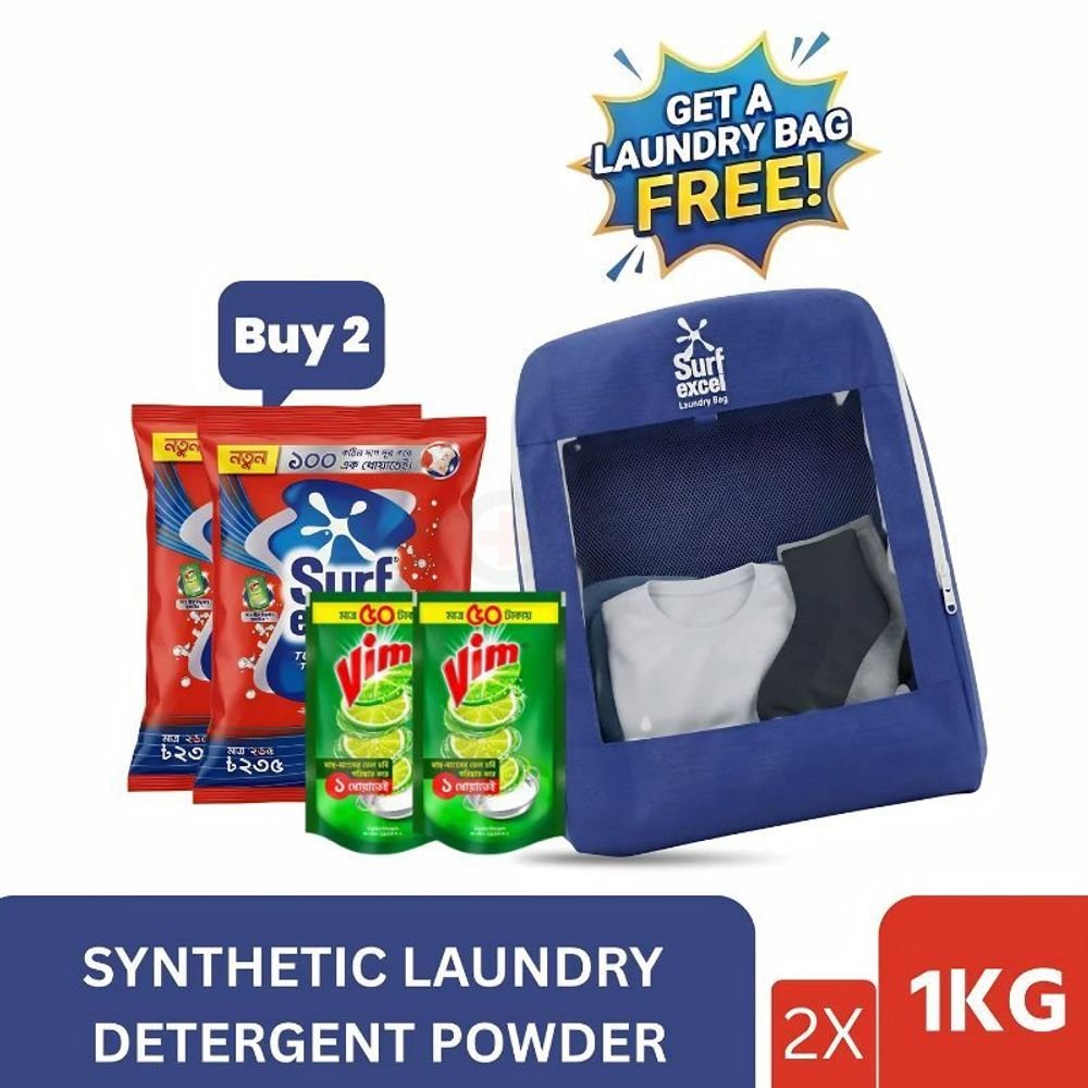 Buy 2 Surf Excel Synthetic Laundry Detergent Powder 1kg Get 2 Vim Liquid Dishwash 190ml with a Laundry Bag Free