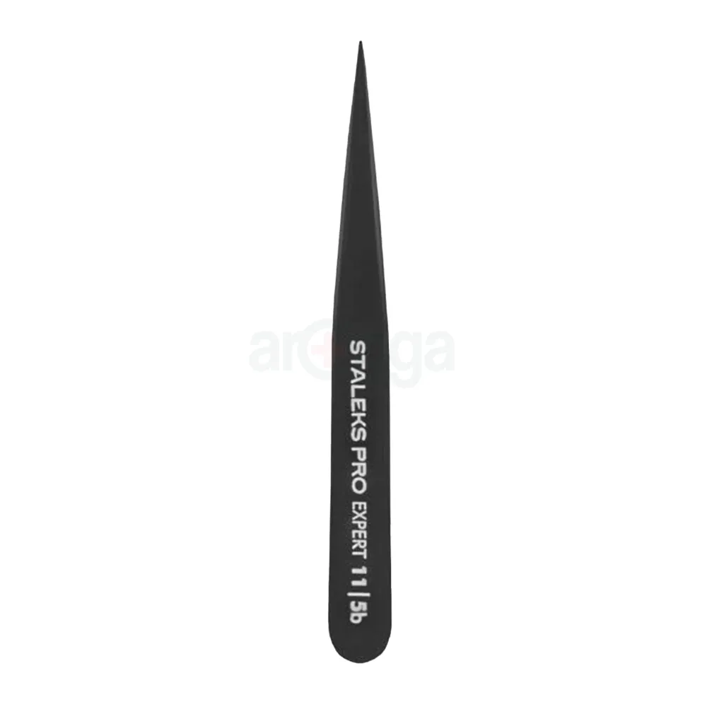 STALEKS Pro Eyebrow Tweezers Black Expert 11/5b – Pointed Stainless Steel Tweezers (TE-11/5b)