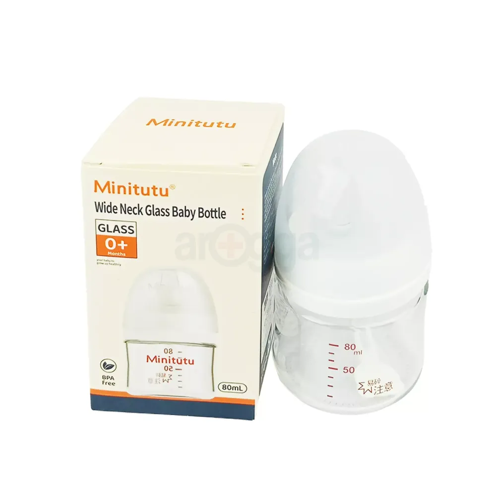 Minitutu Wide Neck Glass Baby Bottle CB528 White for 0+ Months 80ml