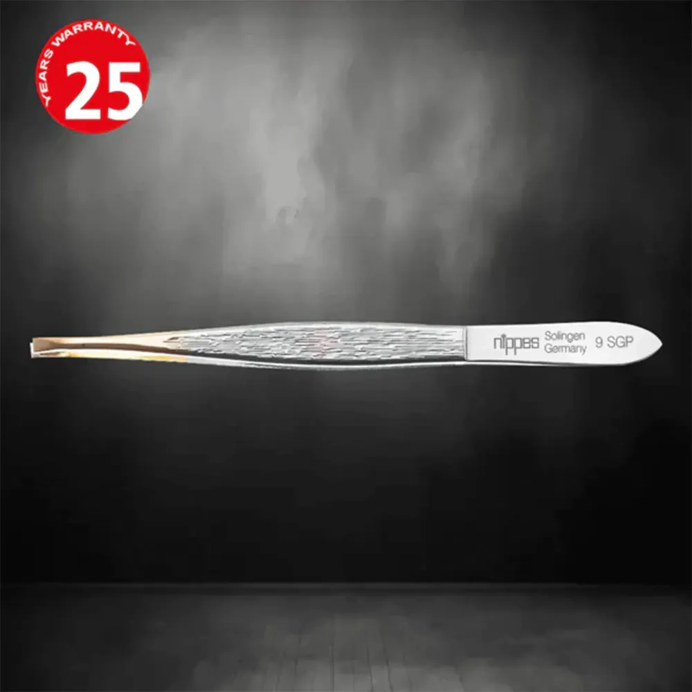 Nippes Tweezers 9SGP – Slanted Gold Pointed Stainless Steel Tweezer 9 cm (Made in Germany)