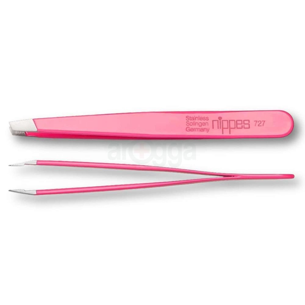 Nippes Solingen 727 Slanted Tweezers (Pink) – Precision Stainless Steel Pointed Tweezer 9.5 cm (Made in Germany)