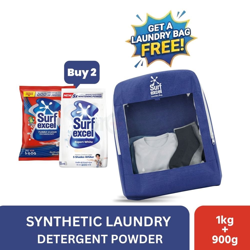 Surf Excel Washing Powder Combo Pack (1kg + 900g) with Free Laundry Bag