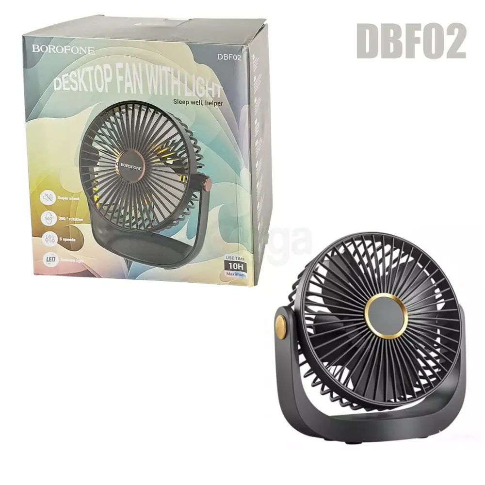 BOROFONE DBF02 Desktop Fan with Light – 2400mAh Rechargeable Fan, 5 Speed Levels, Adjustable Tilt, Type-C Charging