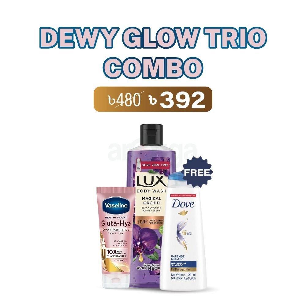 Dewy Glow Trio Combo (Vaseline Gluta Hya Dewy Radiance Serum in Lotion 70ml + Lux Body Wash Black Orchid 245ml + Dove Shampoo 79ml Free