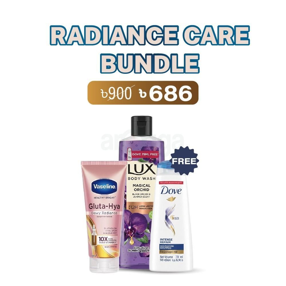 Radiance Care Bundle (Vaseline Gluta Hya Dewy Radiance Serum in Lotion 200ml + Lux Body Wash Black Orchid 245ml + Dove Shampoo 79ml Free)