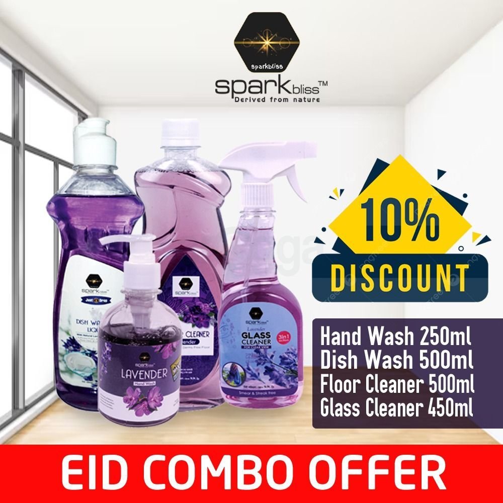 Sparkbliss Lavender Clean Combo (Hand Wash 250ml + Dishwash 500ml + Floor Cleaner 500ml + Glass Cleaner 450ml)