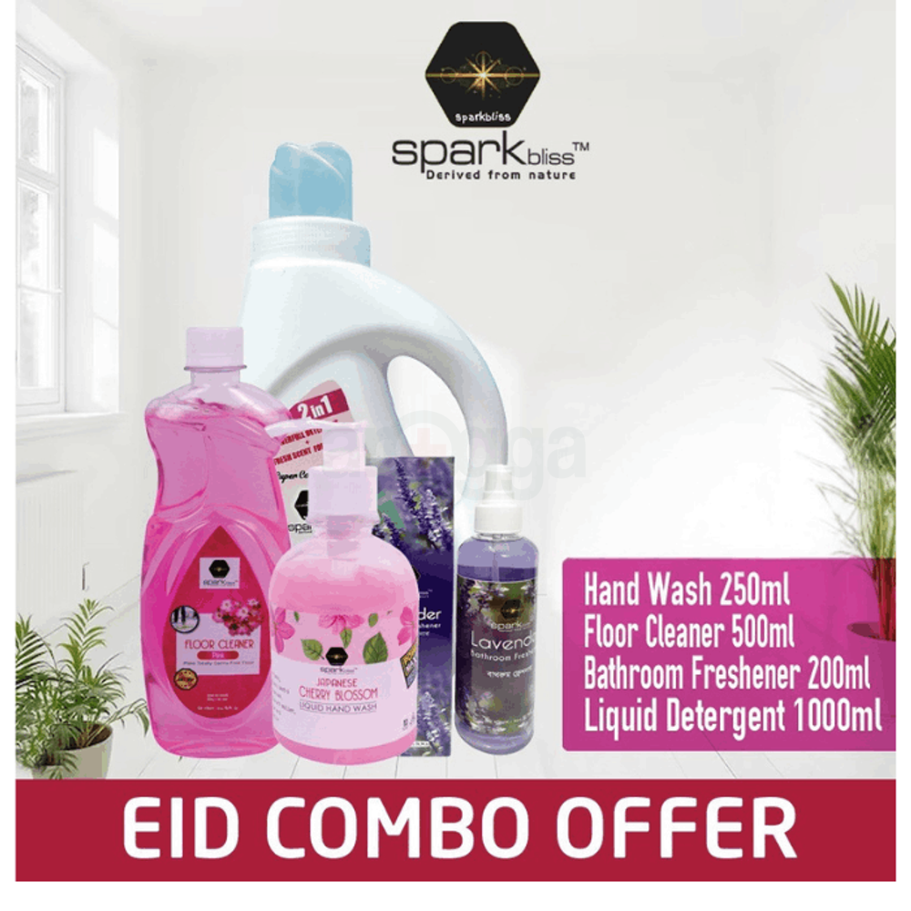 Sparkbliss Home Hygiene Essentials Combo Pack (Hand Wash Cherry 250ml + Floor Cleaner Pink 500ml + Bathroom Freshener Lavender 200ml + Liquid Detergent Orchid 1000ml)